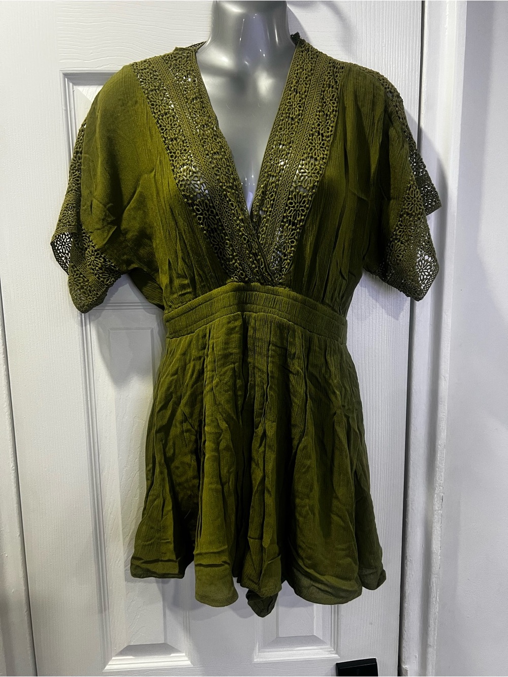 Olive Green Crochet-Trim V-Neck Women's Romper